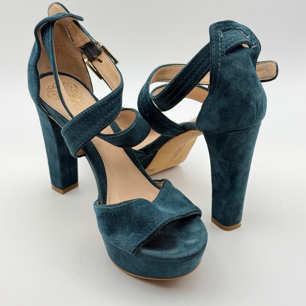 Vince Camuto Shayla Teal Blue Suede Platform Block Heel Sandals Womens 7.5 M - Picture 9 of 12